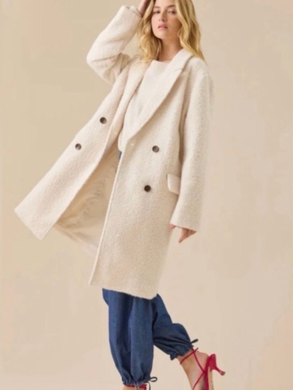 Altar'd State Cream Double-Breasted Teddy Pea Coat